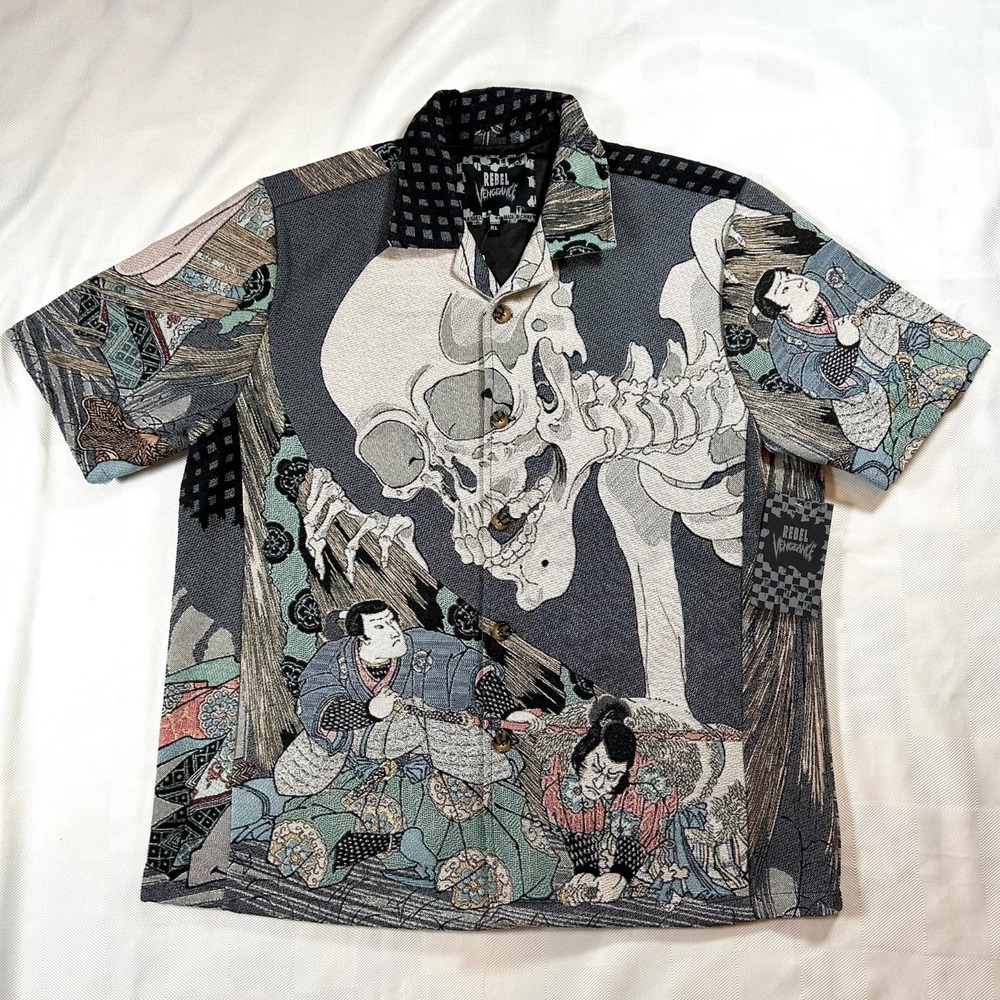 Rebel Vengence Japanese Samurai Tapestry Button Up Shirt Mens XL